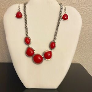 Red and silver necklace and earring set